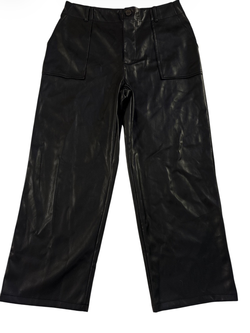 Saks Fifth Avenue Black Faux Leather Capri Wide Leg Pants Size M